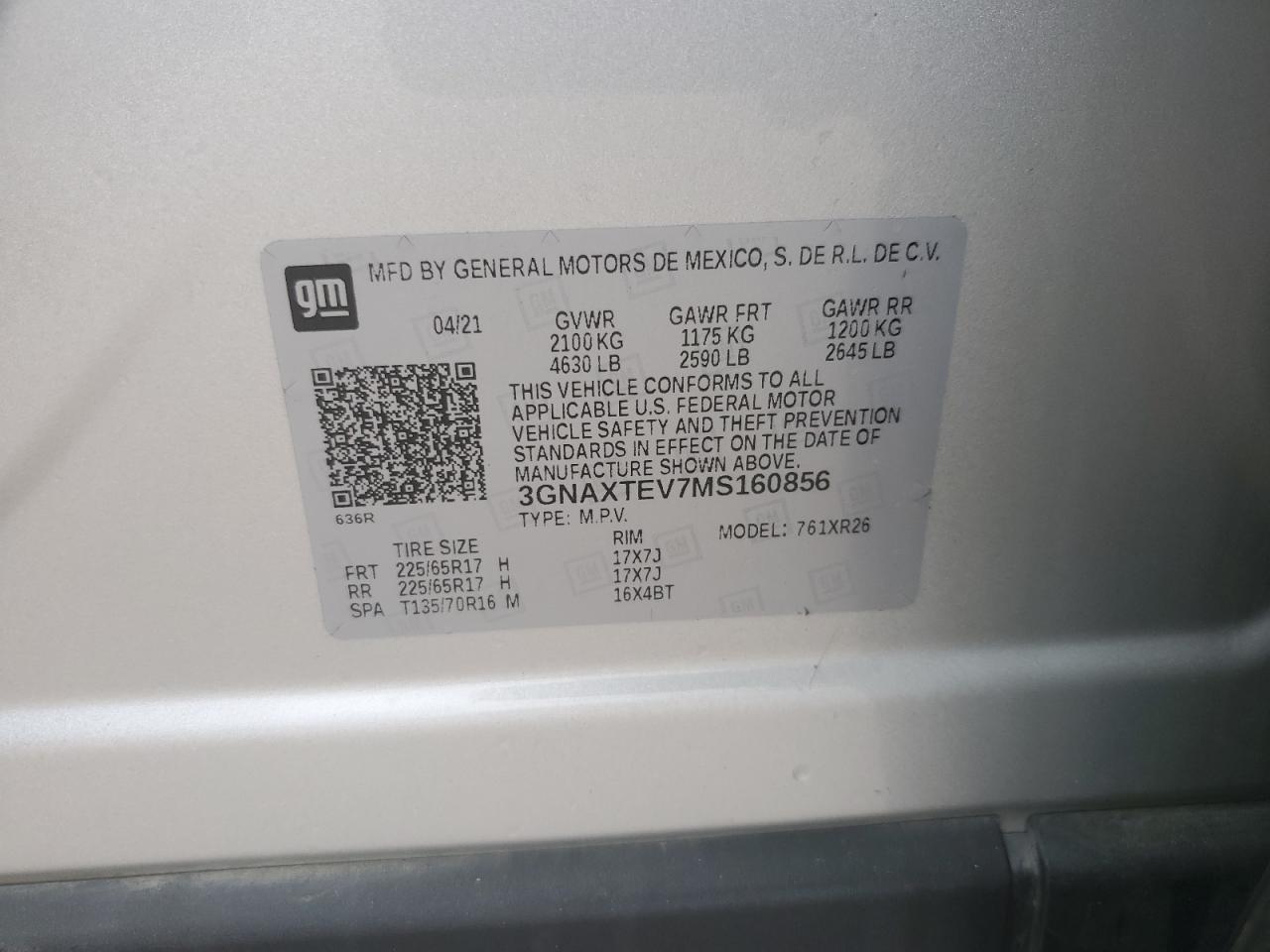 2021 Chevrolet Equinox VIN 3GNAXTEV7MS160856 Copart auction photo, rear end damage thumbnail 14