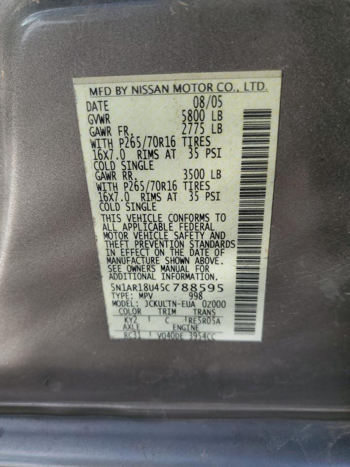 2005 Nissan Pathfinder VIN 5N1AR18U45C788595 Copart auction photo, rear end damage thumbnail 15