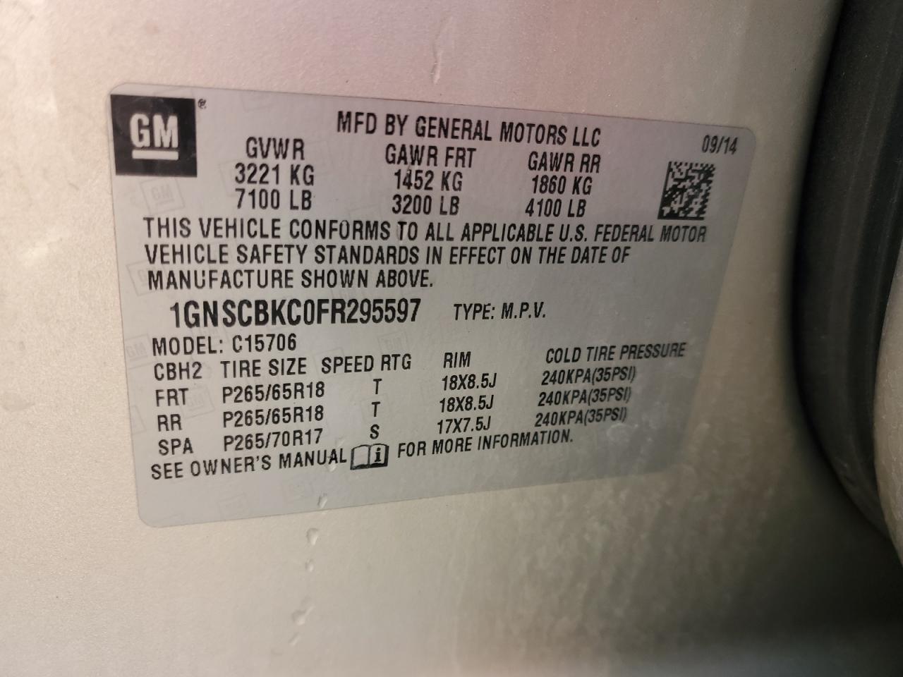 2015 Chevrolet Tahoe VIN 1GNSCBKC0FR295597 Copart auction photo, front end / undercarriage damage thumbnail 13
