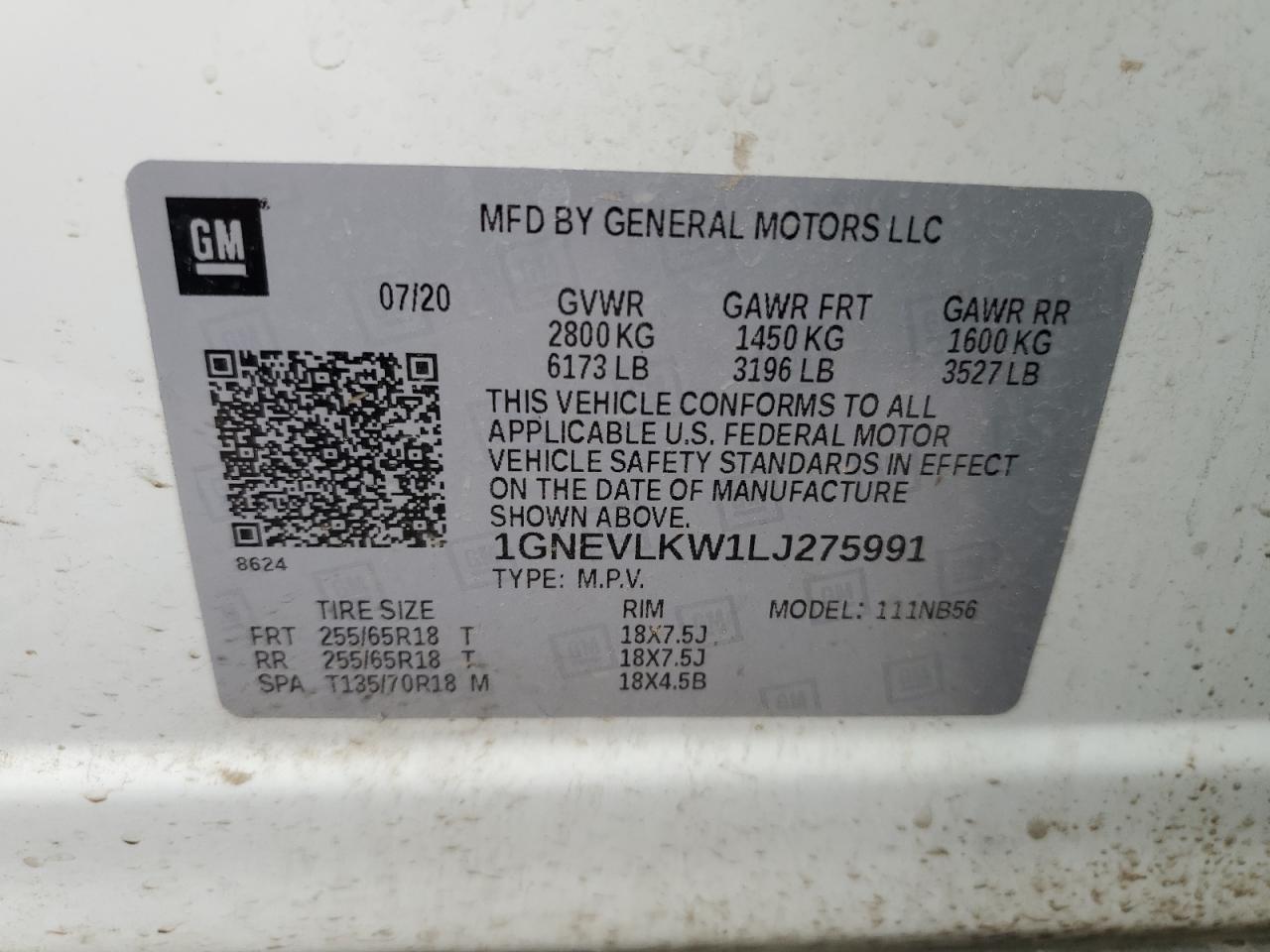 2020 Chevrolet Traverse VIN 1GNEVLKW1LJ275991 Copart auction photo, front end damage thumbnail 14