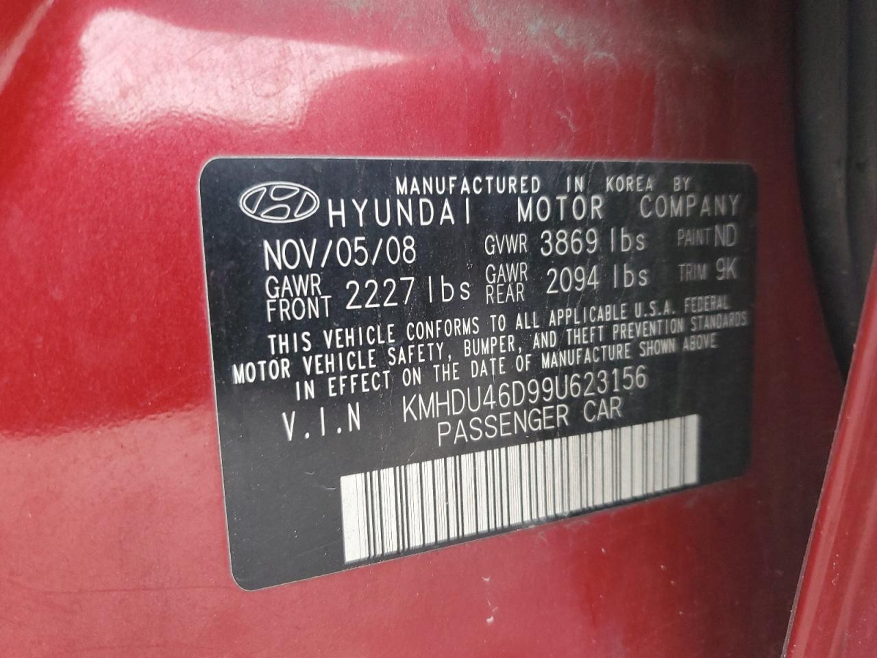 2009 Hyundai Elantra VIN KMHDU46D99U623156 Copart auction photo, front end / undercarriage damage thumbnail 14
