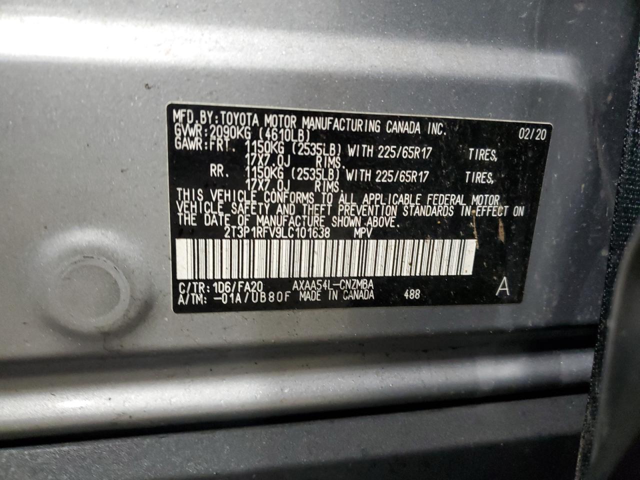 2020 Toyota RAV 4 VIN 2T3P1RFV9LC101638 Copart auction photo, front end damage thumbnail 13