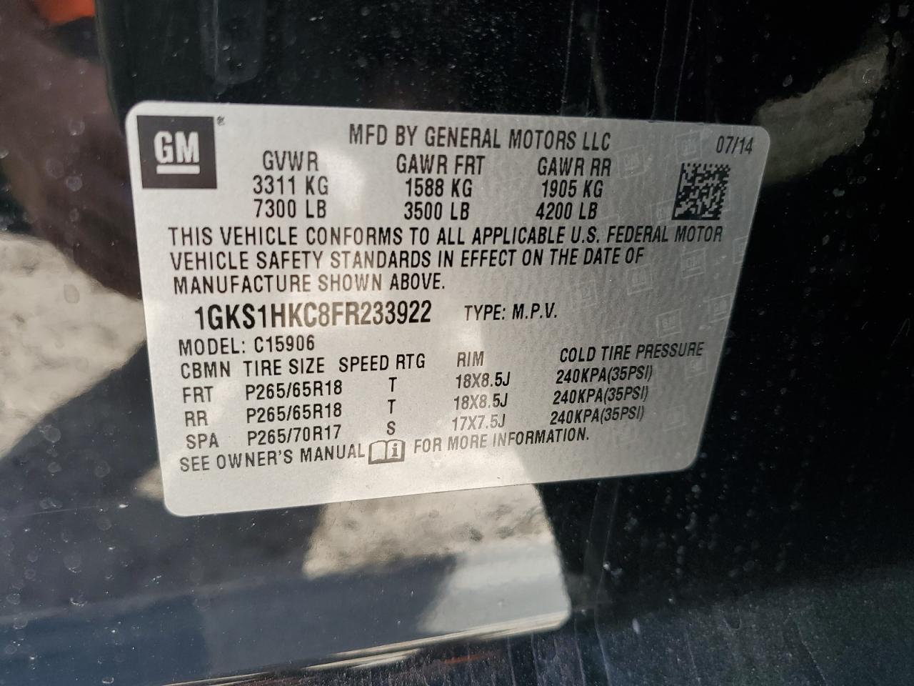 2015 GMC Yukon VIN 1GKS1HKC8FR233922 Copart auction photo, minor dent/scratches damage thumbnail 14