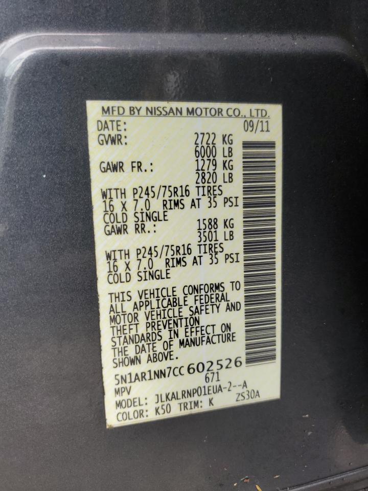 2012 Nissan Pathfinder VIN 5N1AR1NN7CC602526 Copart auction photo, water/flood / minor dent/scratches damage thumbnail 14