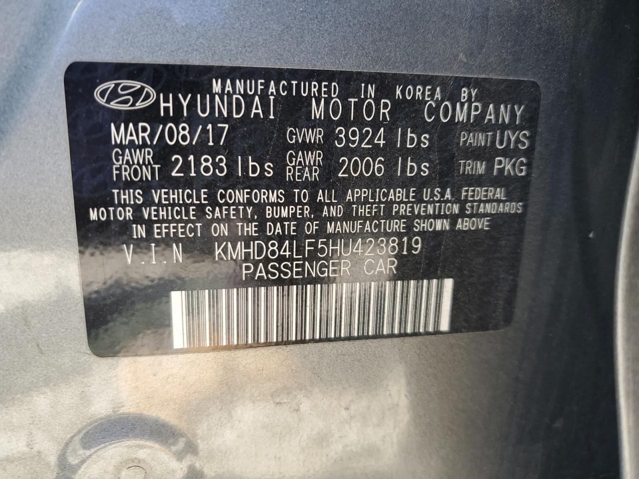 2017 Hyundai Elantra VIN KMHD84LF5HU423819 Copart auction photo, minor dent/scratches / vandalism damage thumbnail 12
