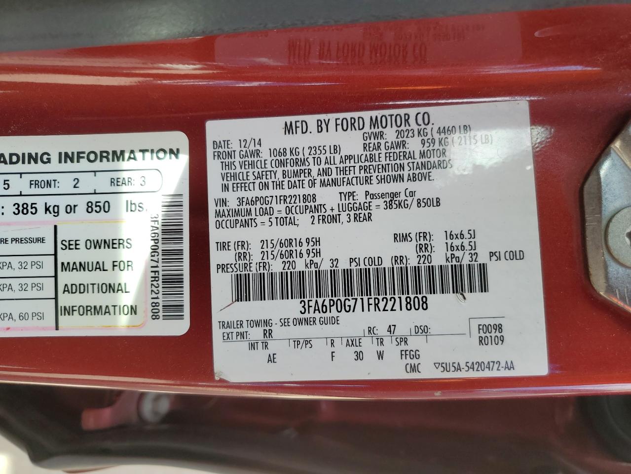 2015 Ford Fusion VIN 3FA6P0G71FR221808 Copart auction photo, front end damage thumbnail 12