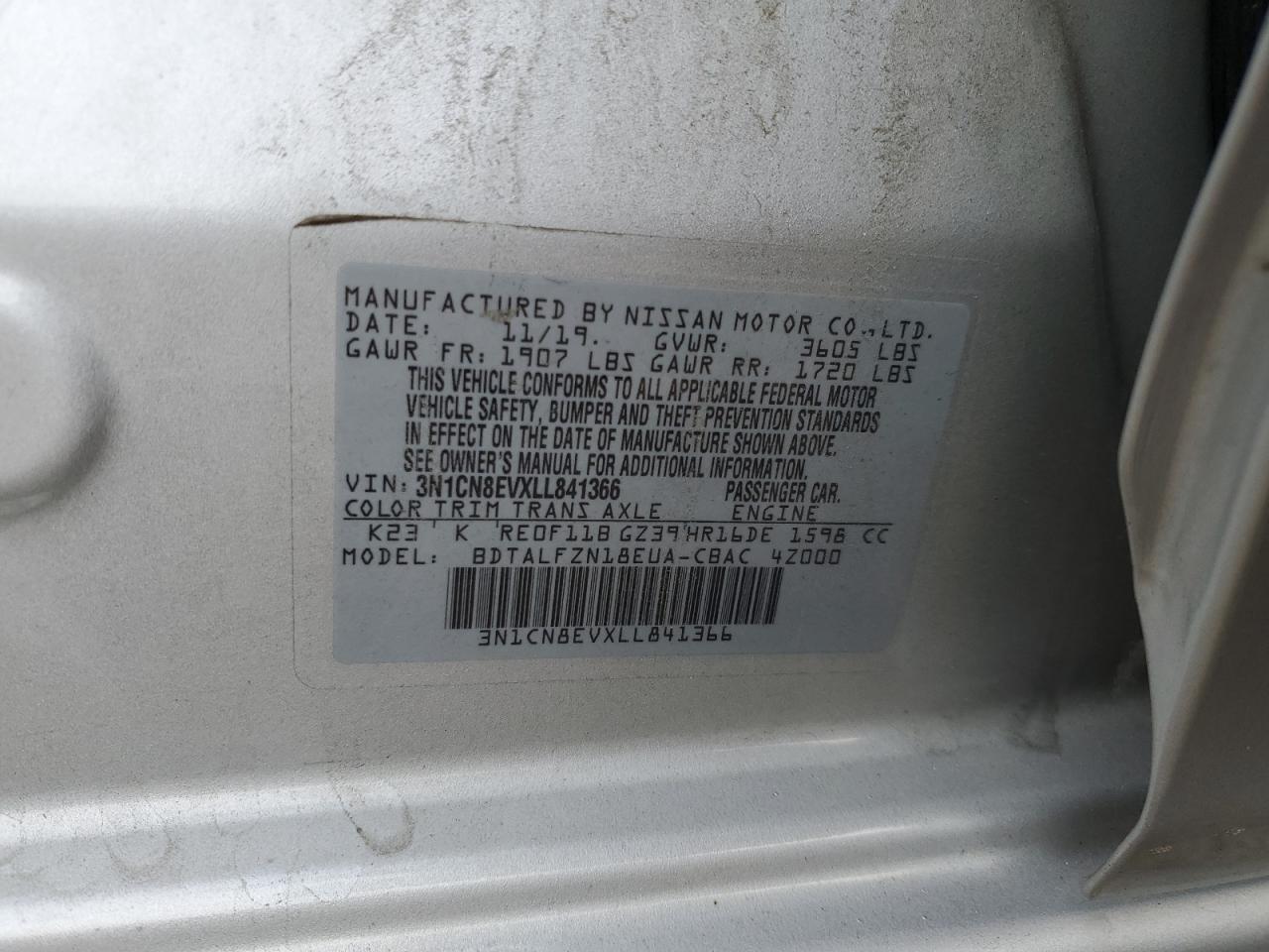 2020 Nissan Versa VIN 3N1CN8EVXLL841366 Copart auction photo, front end damage thumbnail 12
