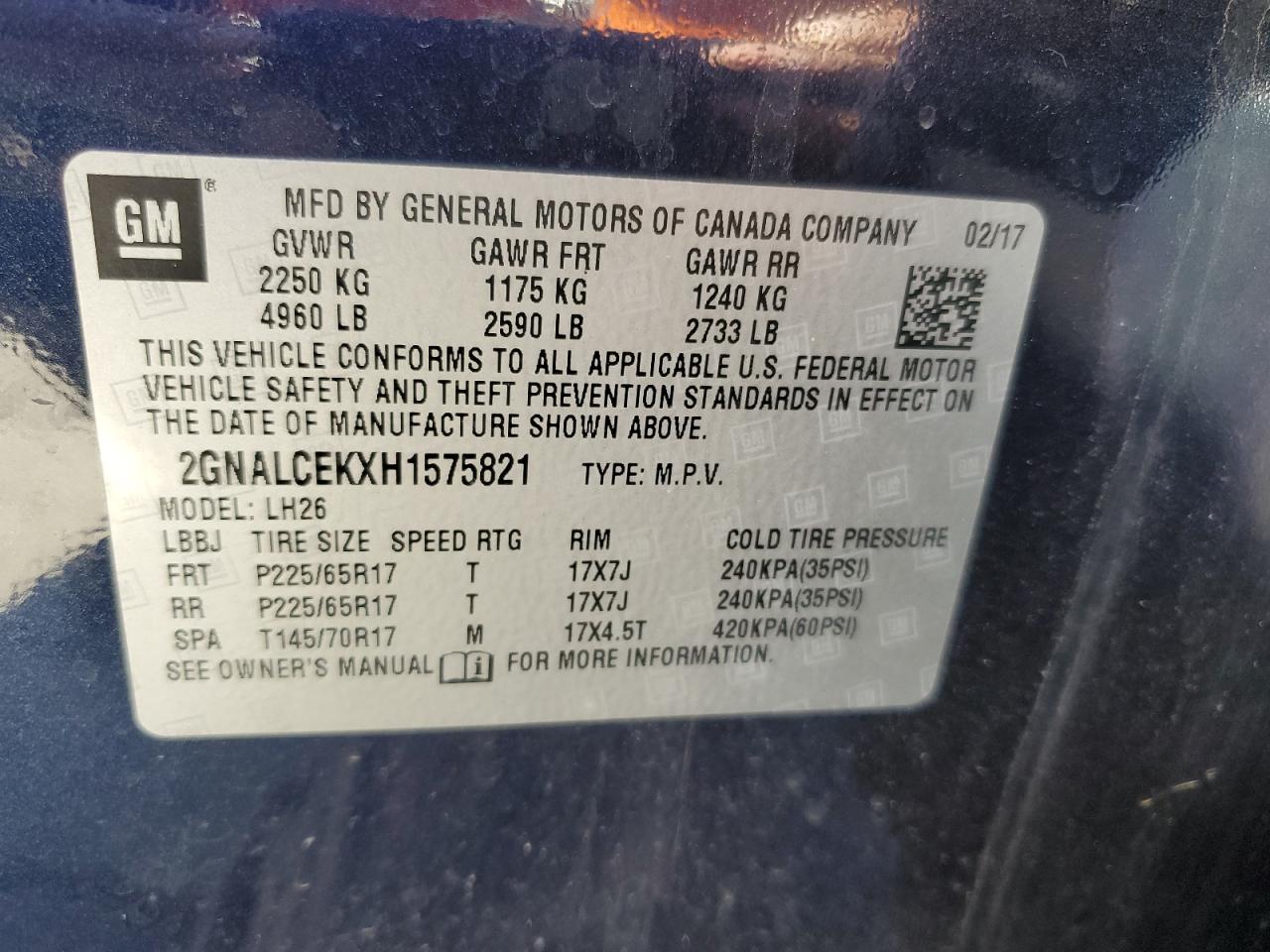 2017 Chevrolet Equinox VIN 2GNALCEKXH1575821 Copart auction photo, rear end damage thumbnail 14