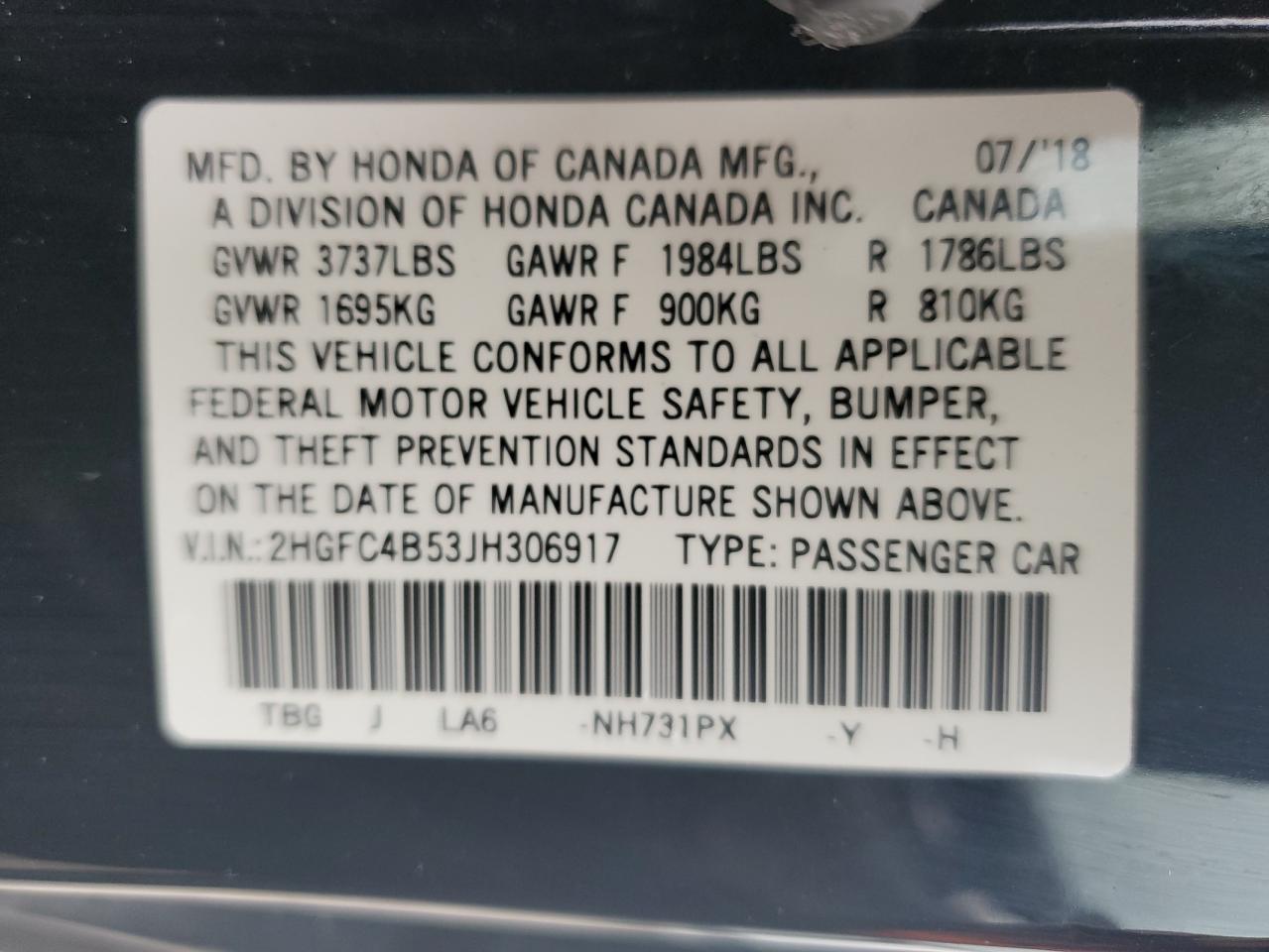 2018 Honda Civic VIN 2HGFC4B53JH306917 Copart auction photo, front end damage thumbnail 14