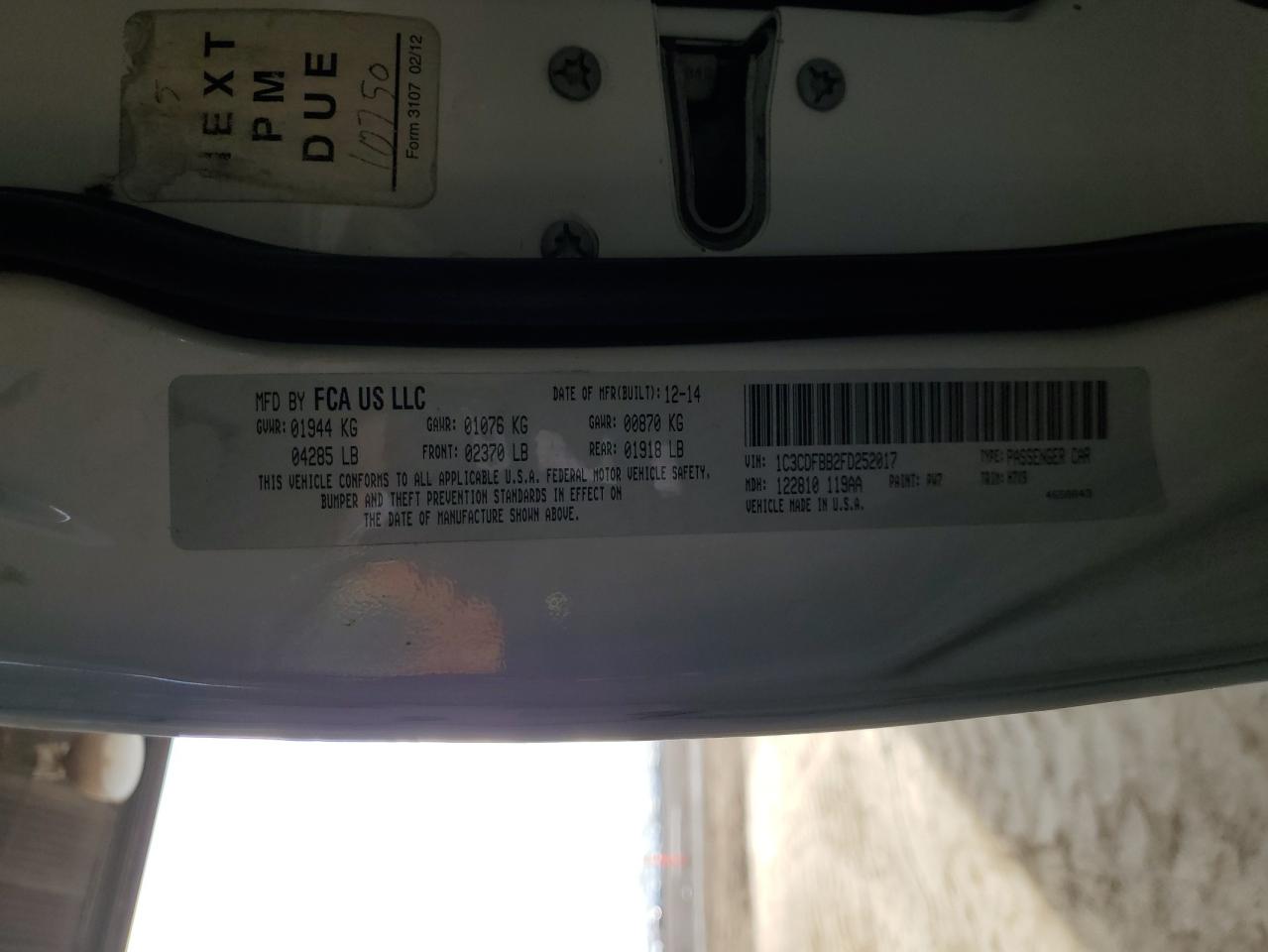2015 Dodge Dart VIN 1C3CDFBB2FD252017 Copart auction photo, side / rear end damage thumbnail 12