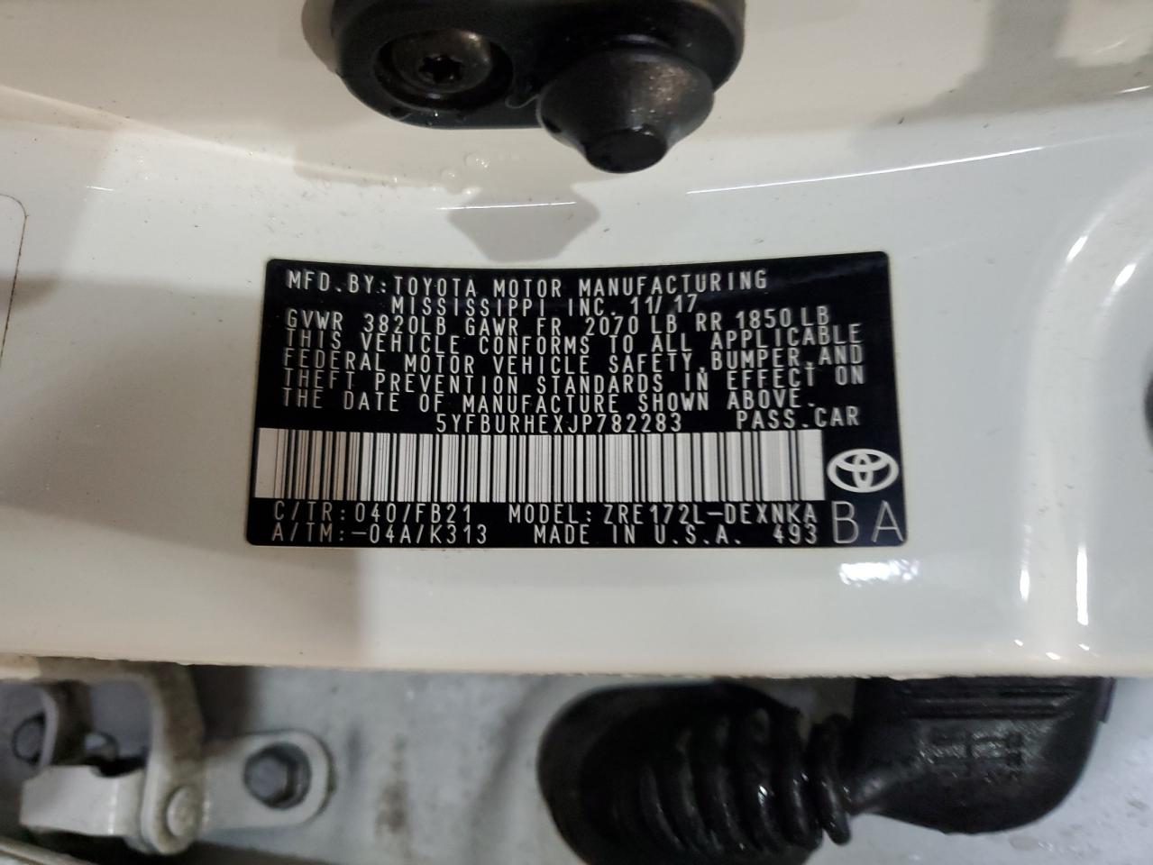 2018 Toyota Corolla VIN 5YFBURHEXJP782283 Copart auction photo, front end / mechanical damage thumbnail 15