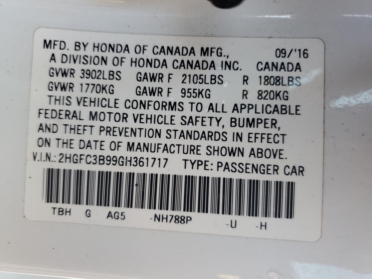 2016 Honda Civic VIN 2HGFC3B99GH361717 Copart auction photo, side / front end damage thumbnail 13