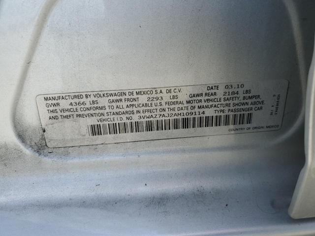 2010 Volkswagen Jetta VIN 3VWAZ7AJ2AM109114 Copart auction photo, rear end damage thumbnail 13