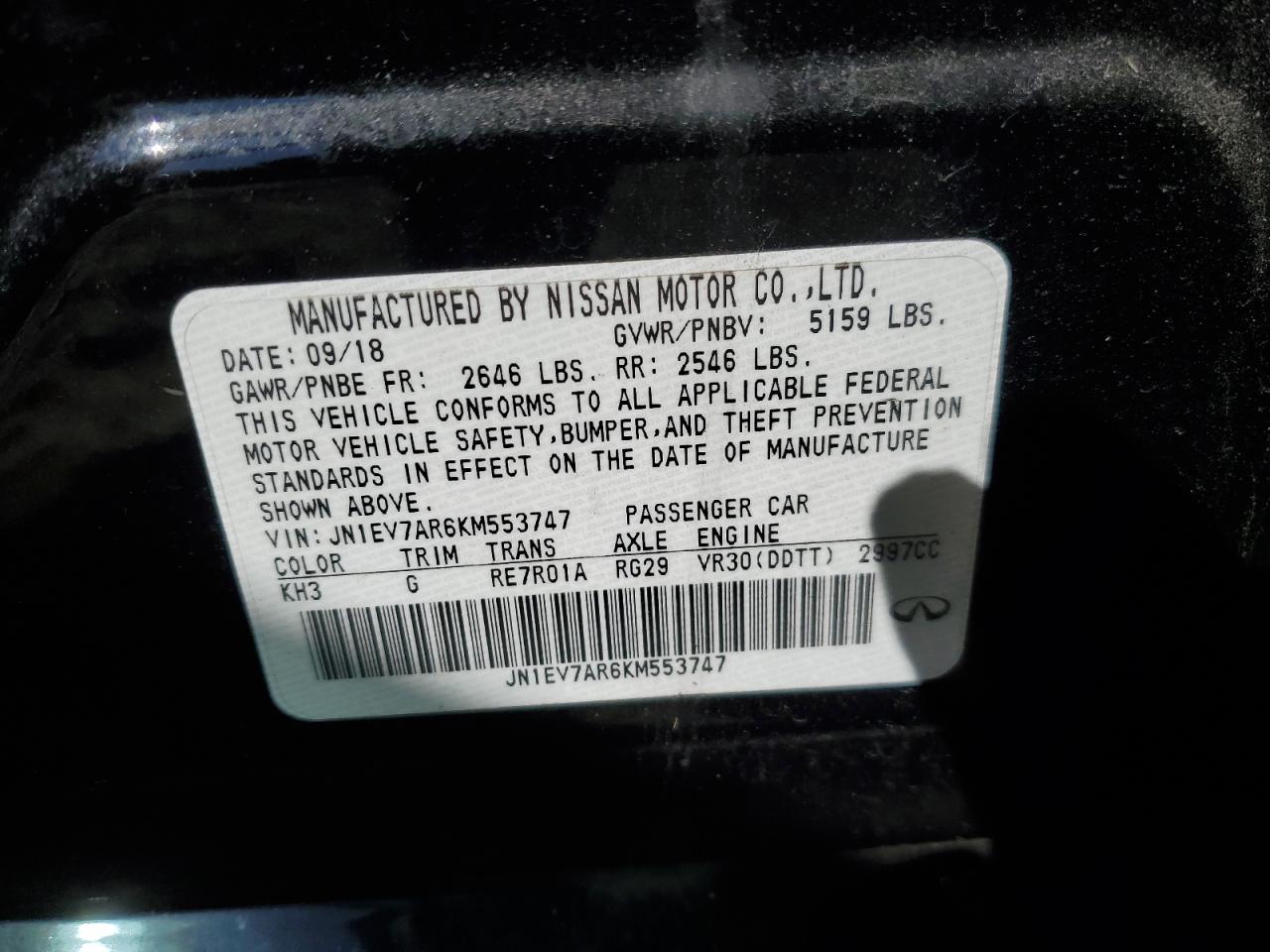 2019 Infiniti Q50 VIN JN1EV7AR6KM553747 Copart auction photo, front end damage thumbnail 13