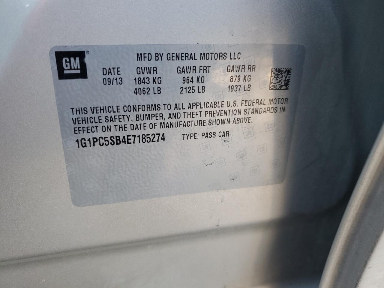 2014 Chevrolet Cruze VIN 1G1PC5SB4E7185274 Copart auction photo, rear end damage thumbnail 12