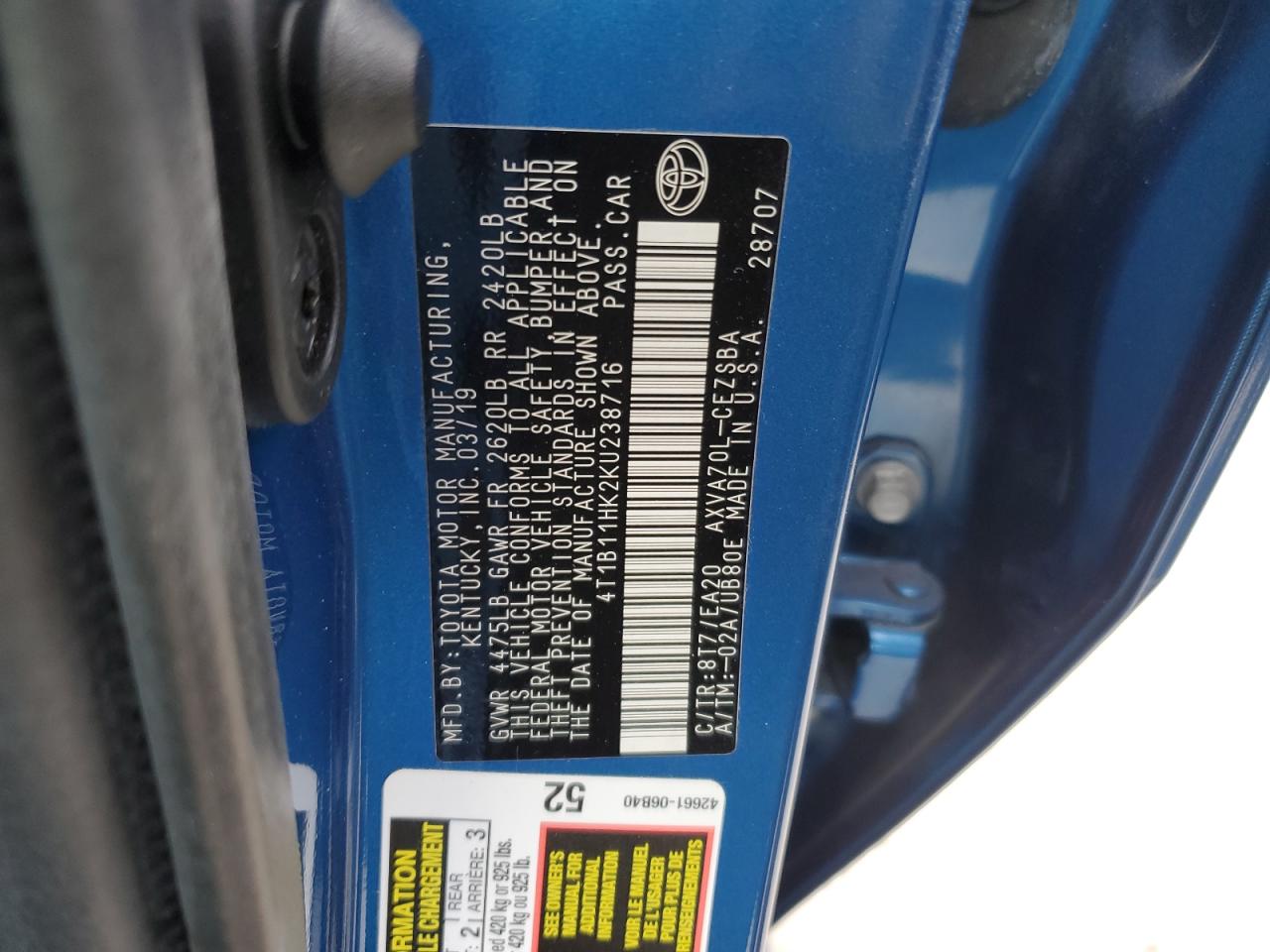 2019 Toyota Camry VIN 4T1B11HK2KU238716 Copart auction photo, front end damage thumbnail 12