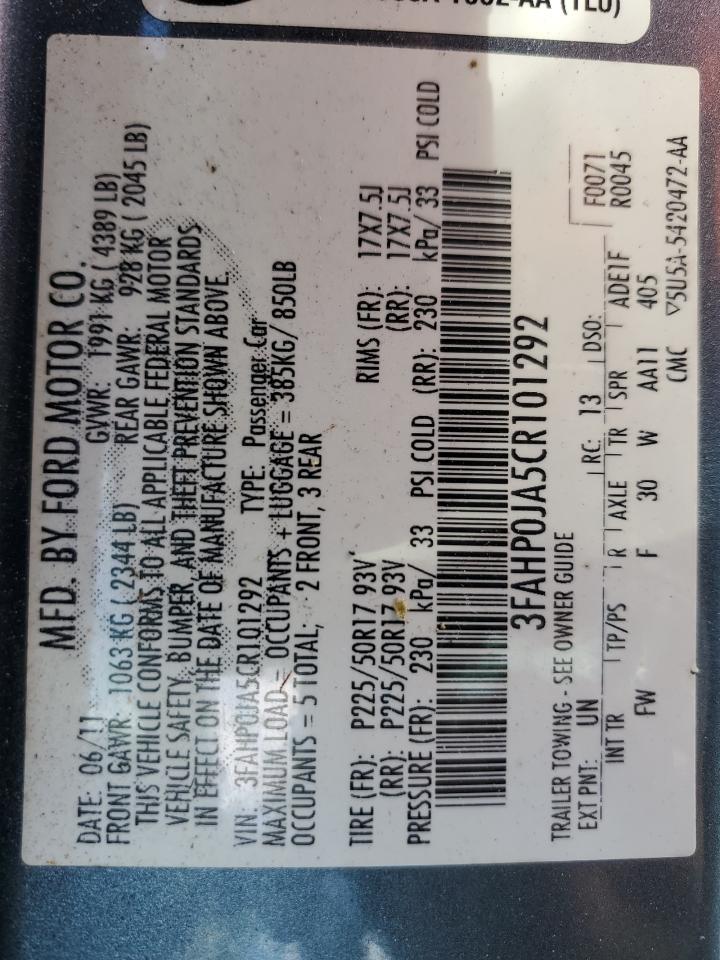 2012 Ford Fusion VIN 3FAHP0JA5CR101292 Copart auction photo, rear end / mechanical damage thumbnail 12