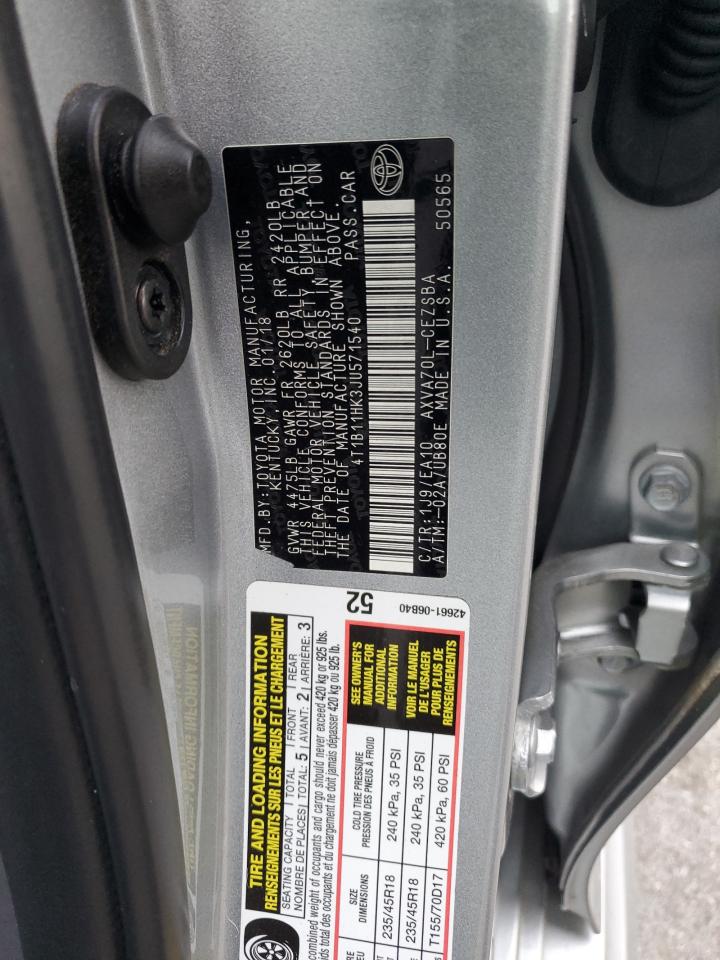 2018 Toyota Camry VIN 4T1B11HK3JU571540 Copart auction photo, front end damage thumbnail 12
