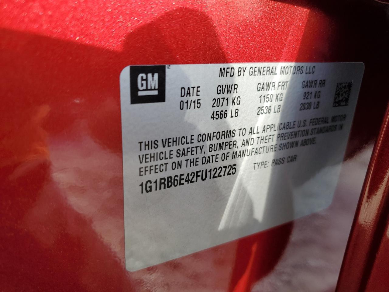2015 Chevrolet Volt VIN 1G1RB6E42FU122725 Copart auction photo, partial repair damage thumbnail 14