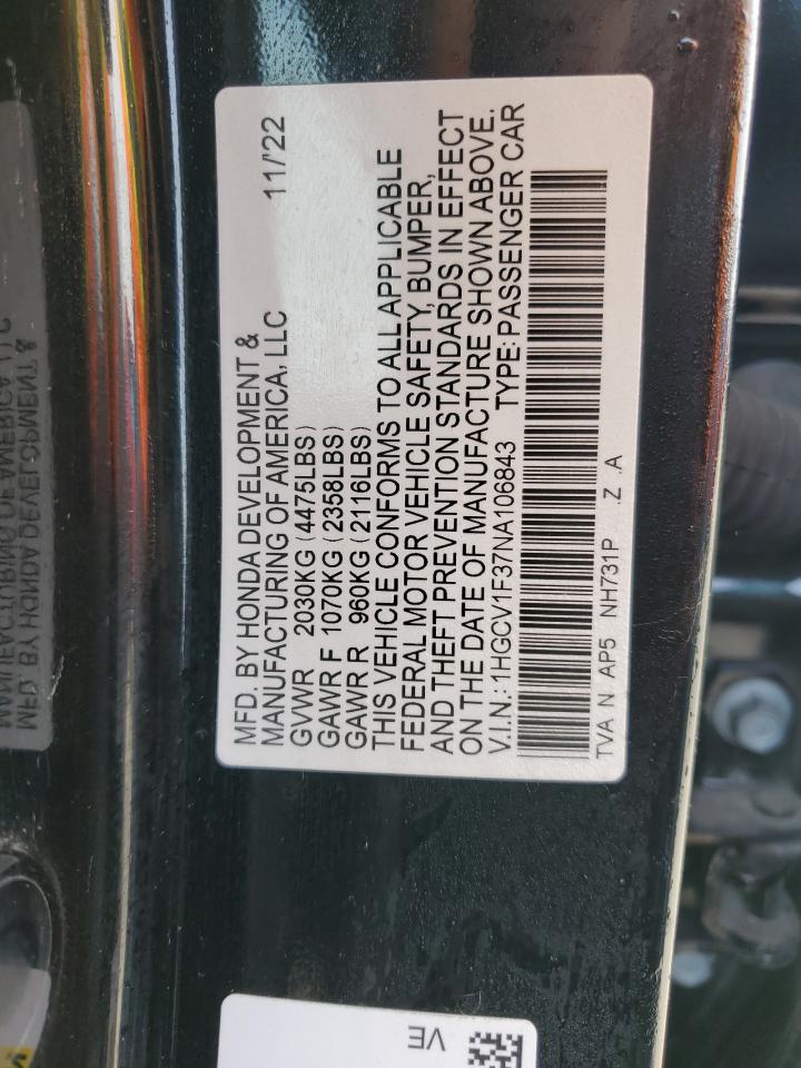 2022 Honda Accord VIN 1HGCV1F37NA106843 Copart auction photo, front end damage thumbnail 12