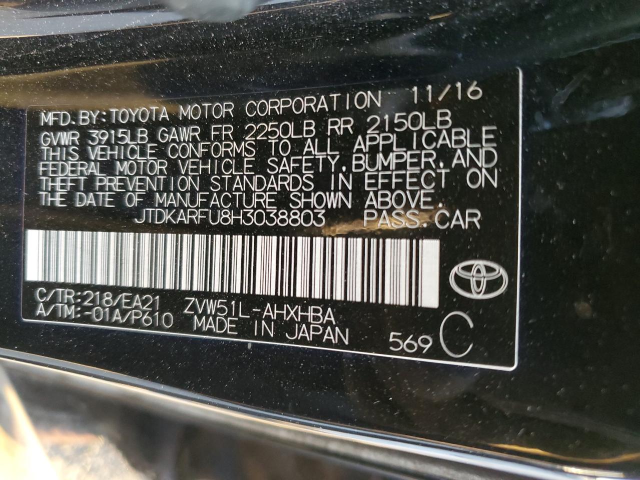 2017 Toyota Prius VIN JTDKARFU8H3038803 Copart auction photo, all over damage thumbnail 15