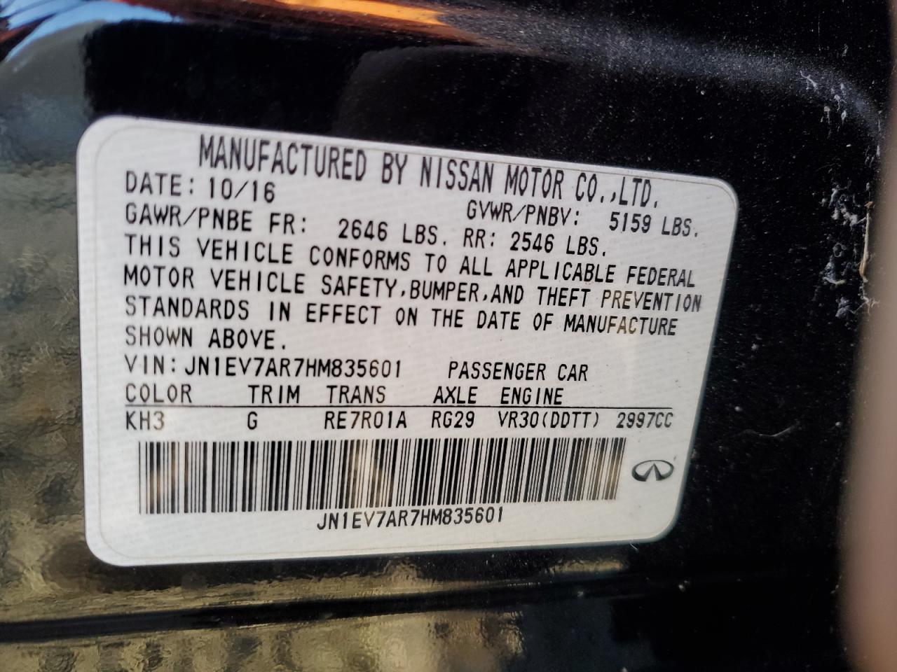 2017 Infiniti Q50 VIN JN1EV7AR7HM835601 Copart auction photo, side damage thumbnail 12