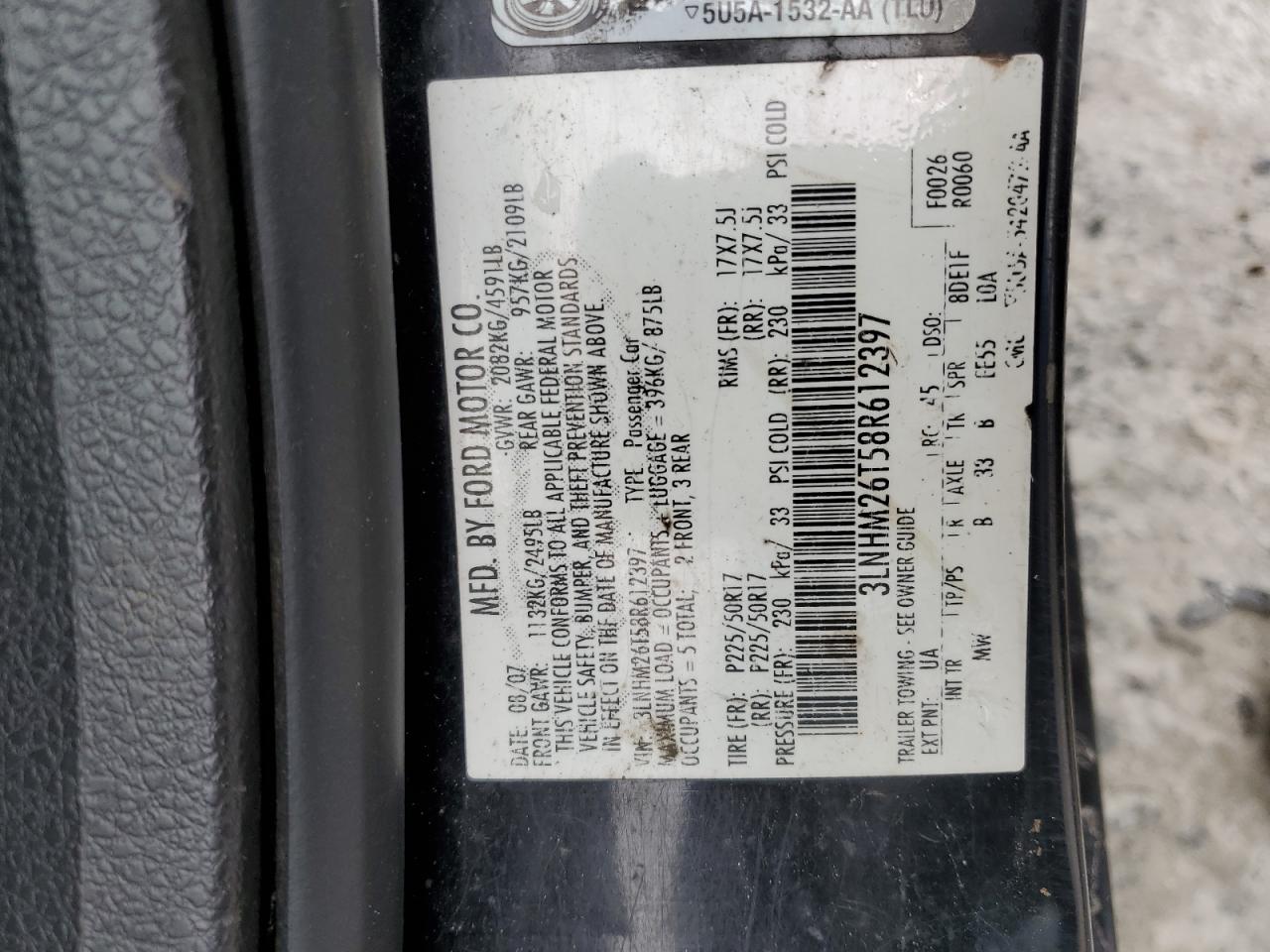 2008 Lincoln MKZ VIN 3LNHM26T58R612397 Copart auction photo, front end / rear end damage thumbnail 12