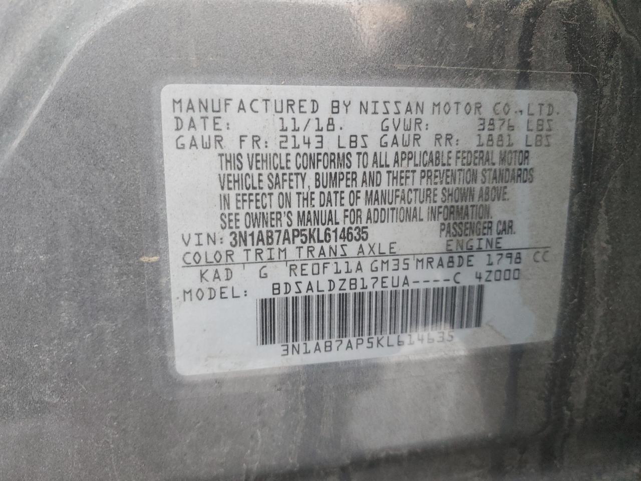 2019 Nissan Sentra VIN 3N1AB7AP5KL614635 Copart auction photo, all over damage thumbnail 15