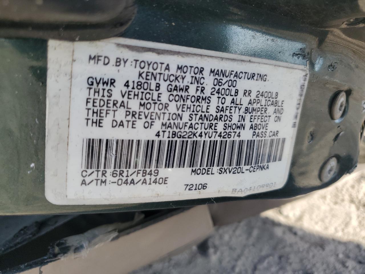 2000 Toyota Camry VIN 4T1BG22K4YU742674 Copart auction photo, all over damage thumbnail 13