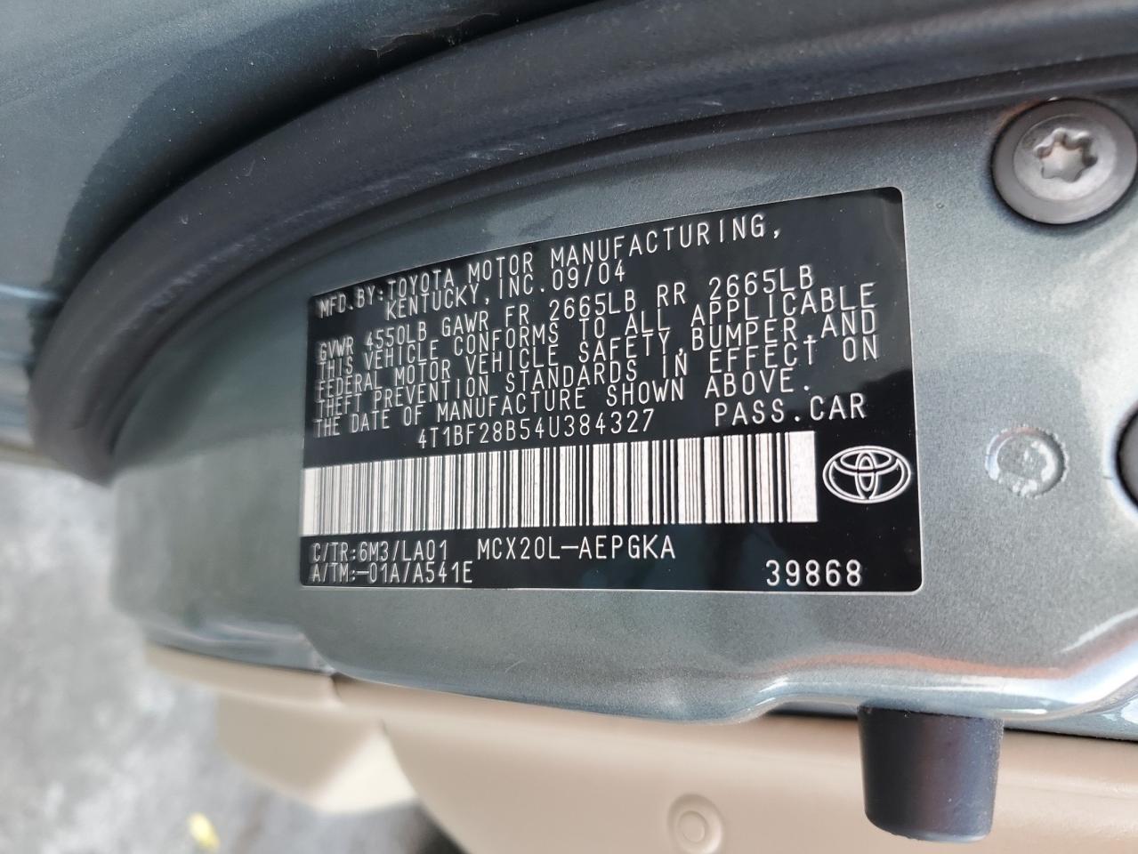 2004 Toyota Avalon VIN 4T1BF28B54U384327 Copart auction photo, rear end / side damage thumbnail 13