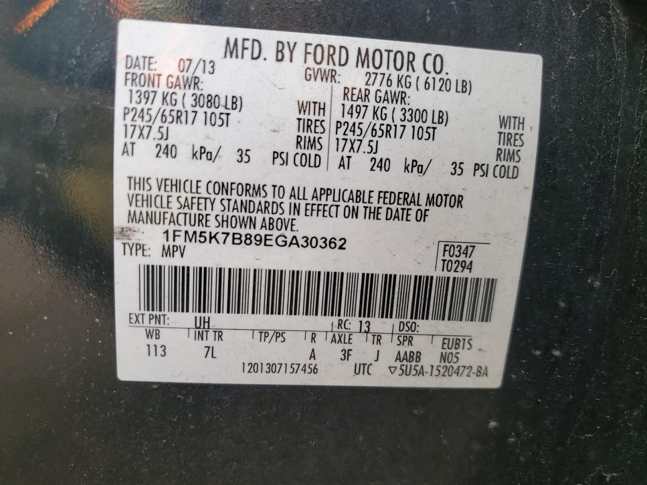 2014 Ford Explorer VIN 1FM5K7B89EGA30362 Copart auction photo, side damage thumbnail 13