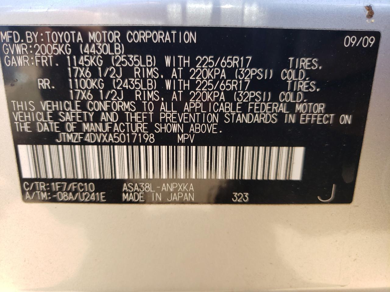 2010 Toyota RAV 4 VIN JTMZF4DVXA5017198 Copart auction photo, rear end damage thumbnail 12