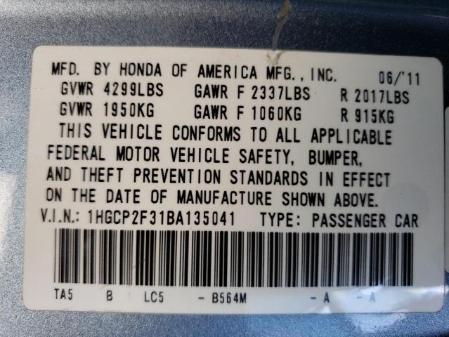2011 Honda Accord VIN 1HGCP2F31BA135041 Copart auction photo, front end / rear end damage thumbnail 13