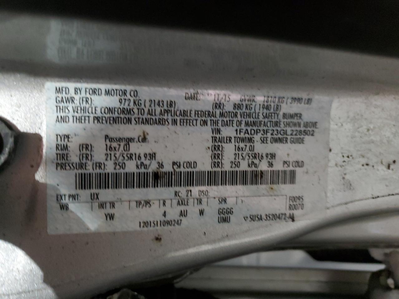 2016 Ford Focus VIN 1FADP3F23GL228502 Copart auction photo, rear end / side damage thumbnail 12
