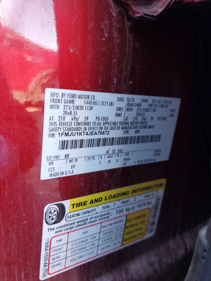 2018 Ford Expedition VIN 1FMJU1KT4JEA70672 Copart auction photo, front end / side damage thumbnail 14