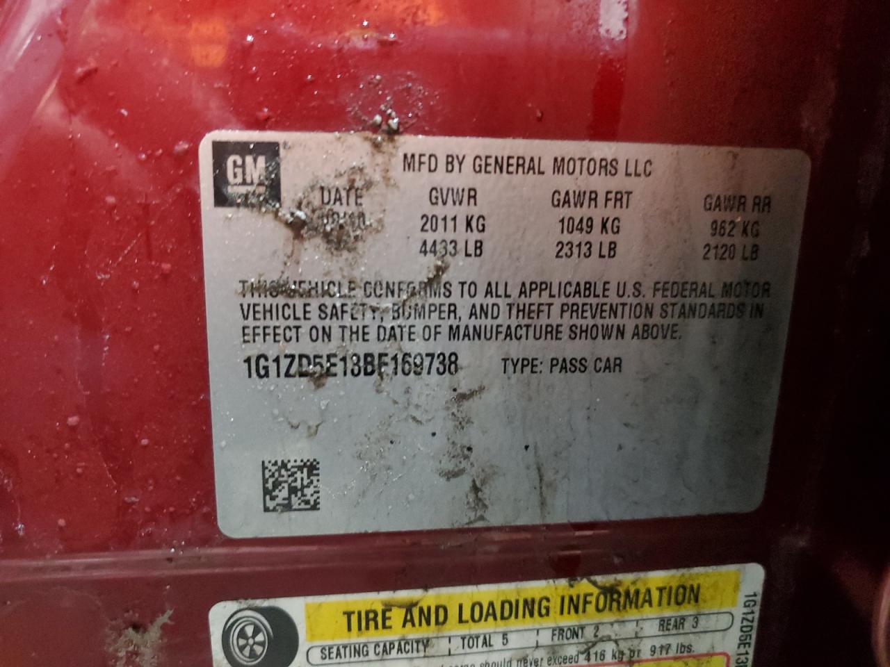 2011 Chevrolet Malibu VIN 1G1ZD5E13BF169738 Copart auction photo, front end / side damage thumbnail 12