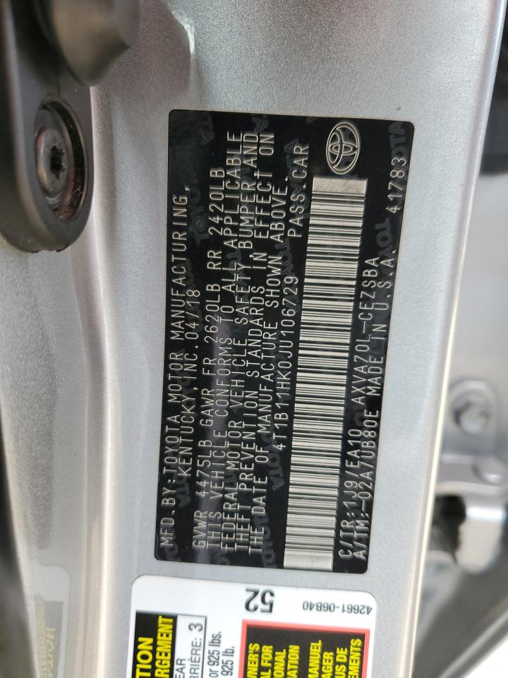 2018 Toyota Camry VIN 4T1B11HK0JU106729 Copart auction photo, front end / side damage thumbnail 12