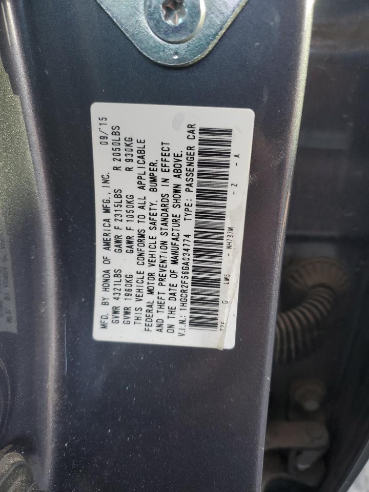 2016 Honda Accord VIN 1HGCR2F56GA034774 Copart auction photo, front end / side damage thumbnail 13
