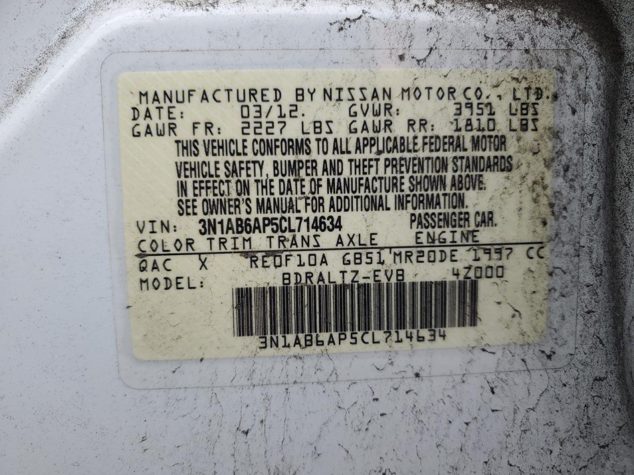 2012 Nissan Sentra VIN 3N1AB6AP5CL714634 Copart auction photo, all over damage thumbnail 15