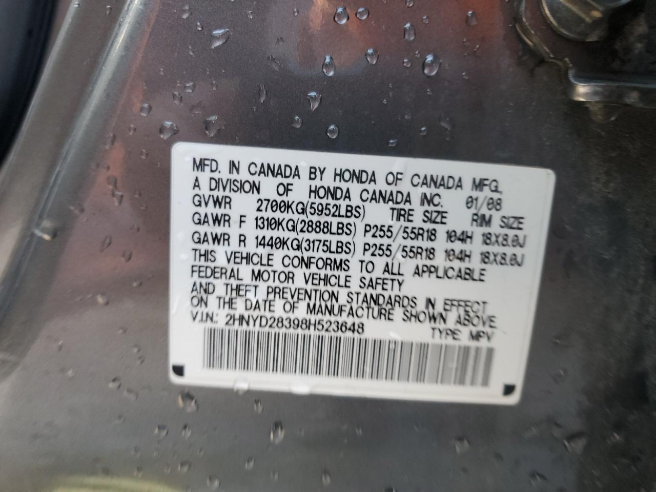 2008 Acura MDX VIN 2HNYD28398H523648 Copart auction photo, front end / side damage thumbnail 13