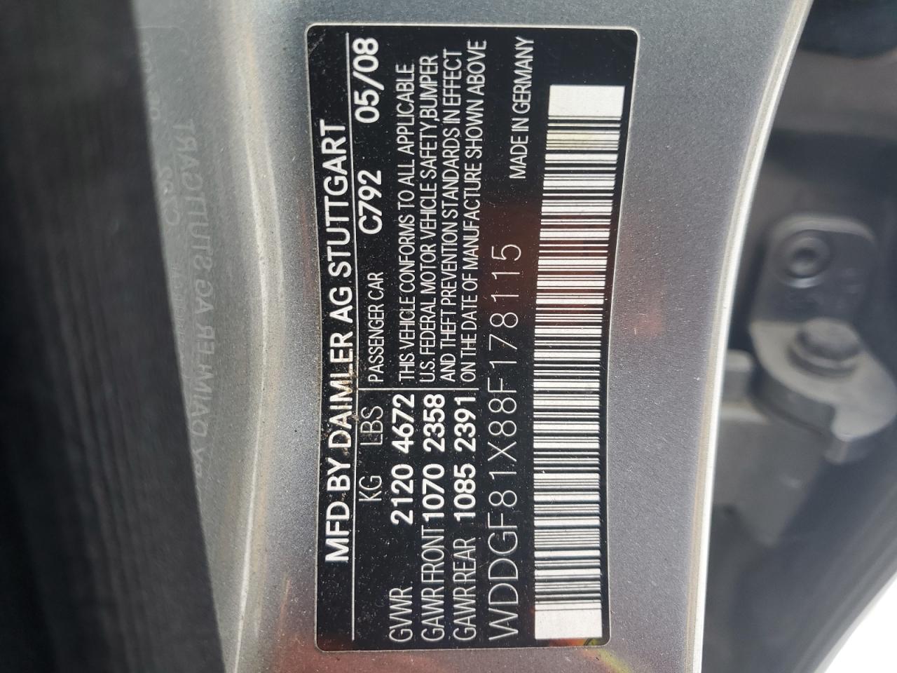 2008 Mercedes-Benz C-klasse VIN WDDGF81X88F178115 Copart auction photo, front end / minor dent/scratches damage thumbnail 13