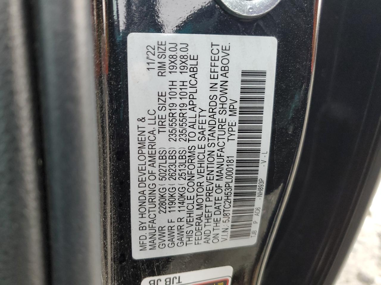 2023 Acura RDX VIN 5J8TC2H53PL000181 Copart auction photo, front end / rear end damage thumbnail 15