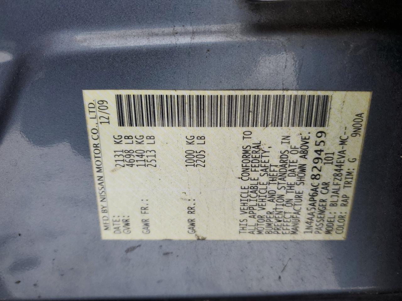 2010 Nissan Maxima VIN 1N4AA5AP6AC829459 Copart auction photo, rear end damage thumbnail 13