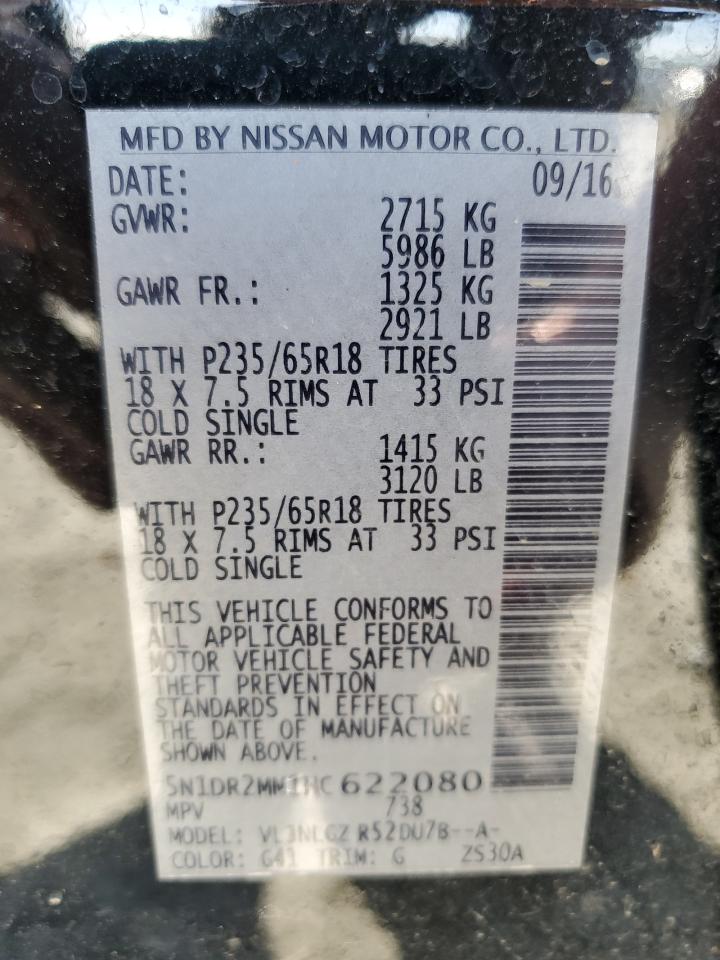 2017 Nissan Pathfinder VIN 5N1DR2MM1HC622080 Copart auction photo, top/roof damage thumbnail 13