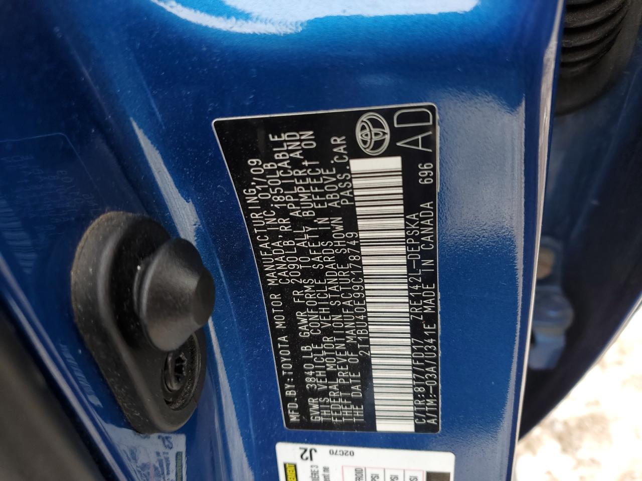 2009 Toyota Corolla VIN 2T1BU40E99C178749 Copart auction photo, front end / rear end damage thumbnail 13
