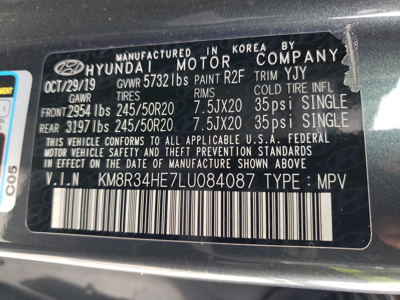 2020 Hyundai Palisade VIN KM8R34HE7LU084087 Copart auction photo, side / front end damage thumbnail 15