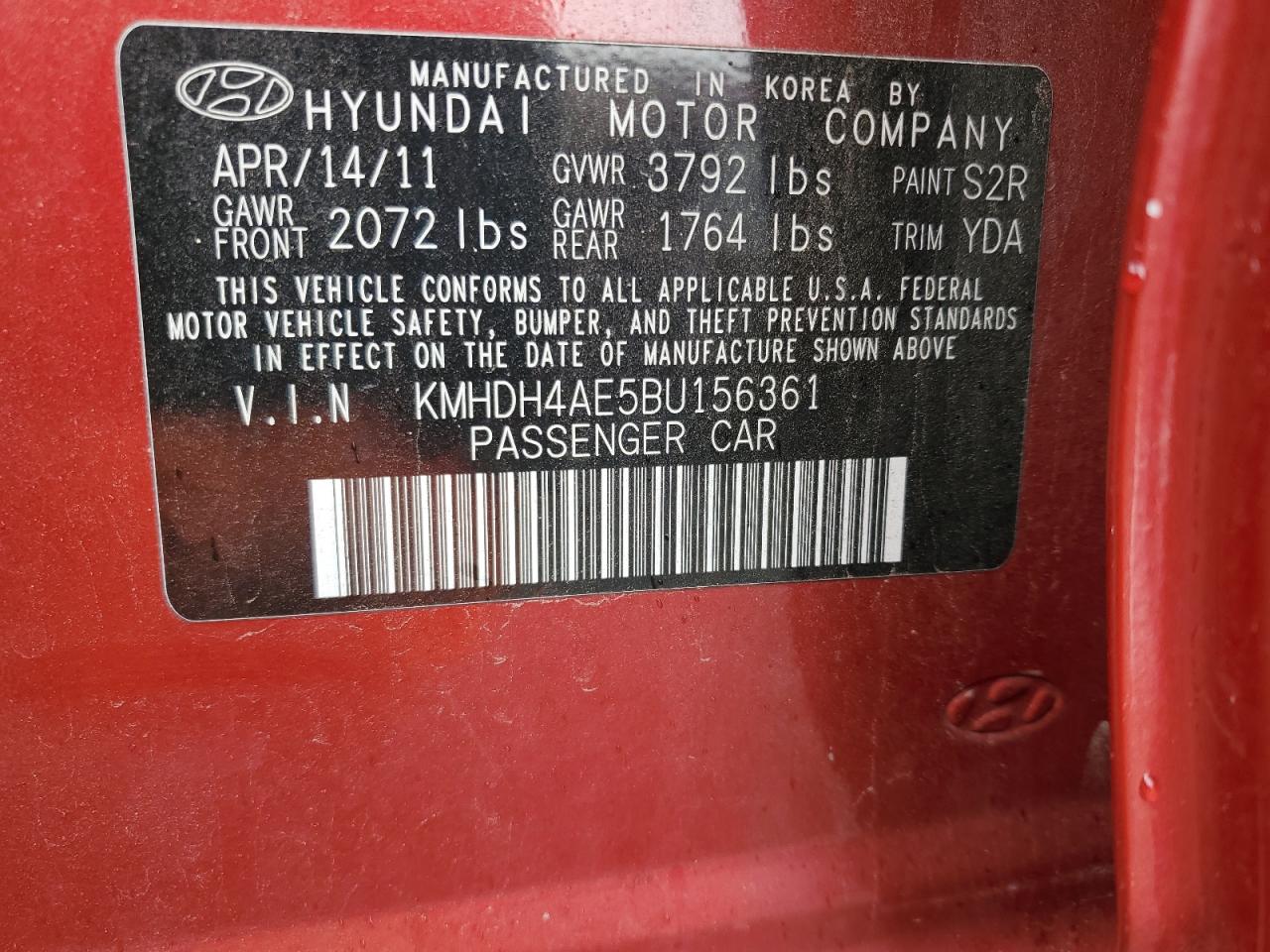 2011 Hyundai Elantra VIN KMHDH4AE5BU156361 Copart auction photo, undercarriage / front end damage thumbnail 13