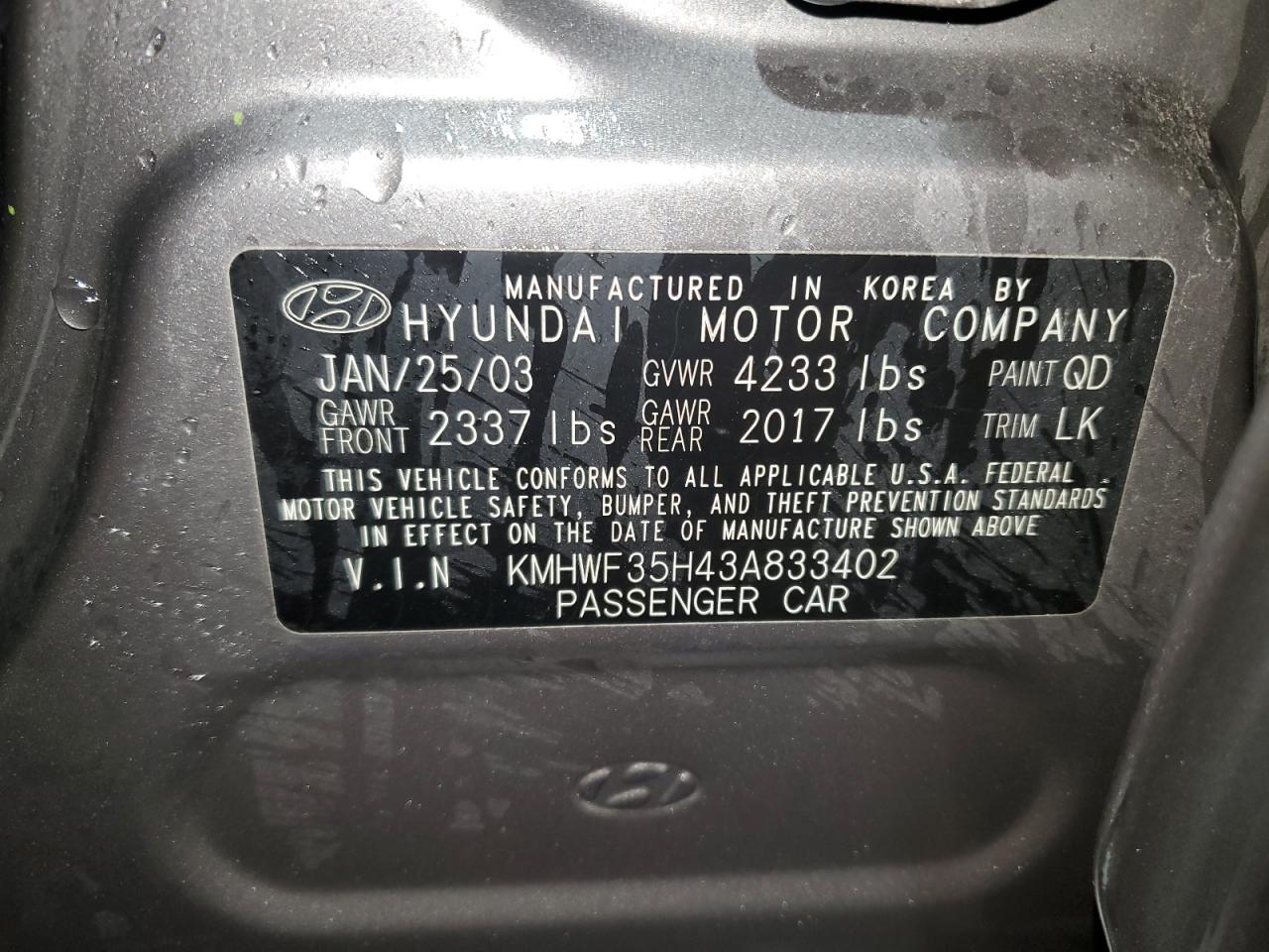 2003 Hyundai Sonata VIN KMHWF35H43A833402 Copart auction photo, front end damage thumbnail 12