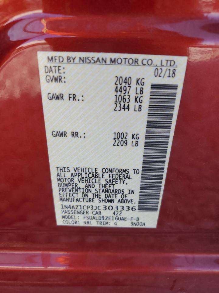 2018 Nissan Leaf VIN 1N4AZ1CP3JC303336 Copart auction photo, rear end / front end damage thumbnail 13
