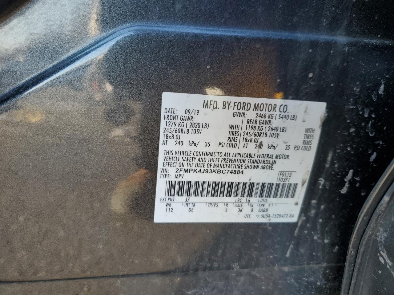 2019 Ford Edge VIN 2FMPK4J93KBC74884 Copart auction photo, side / undercarriage damage thumbnail 15